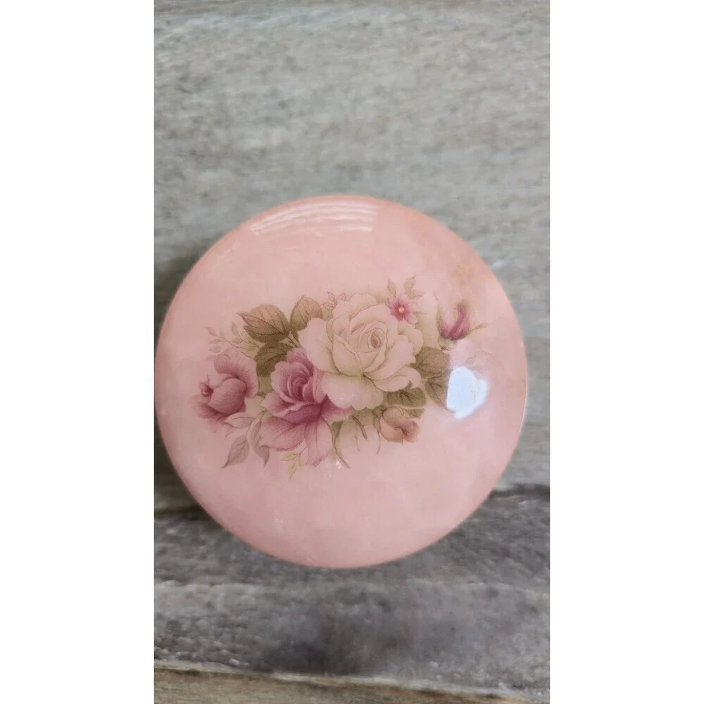 Vintage Genuine Italian Alabaster Hand Carved Pink Floral Trinket Jewelry Box